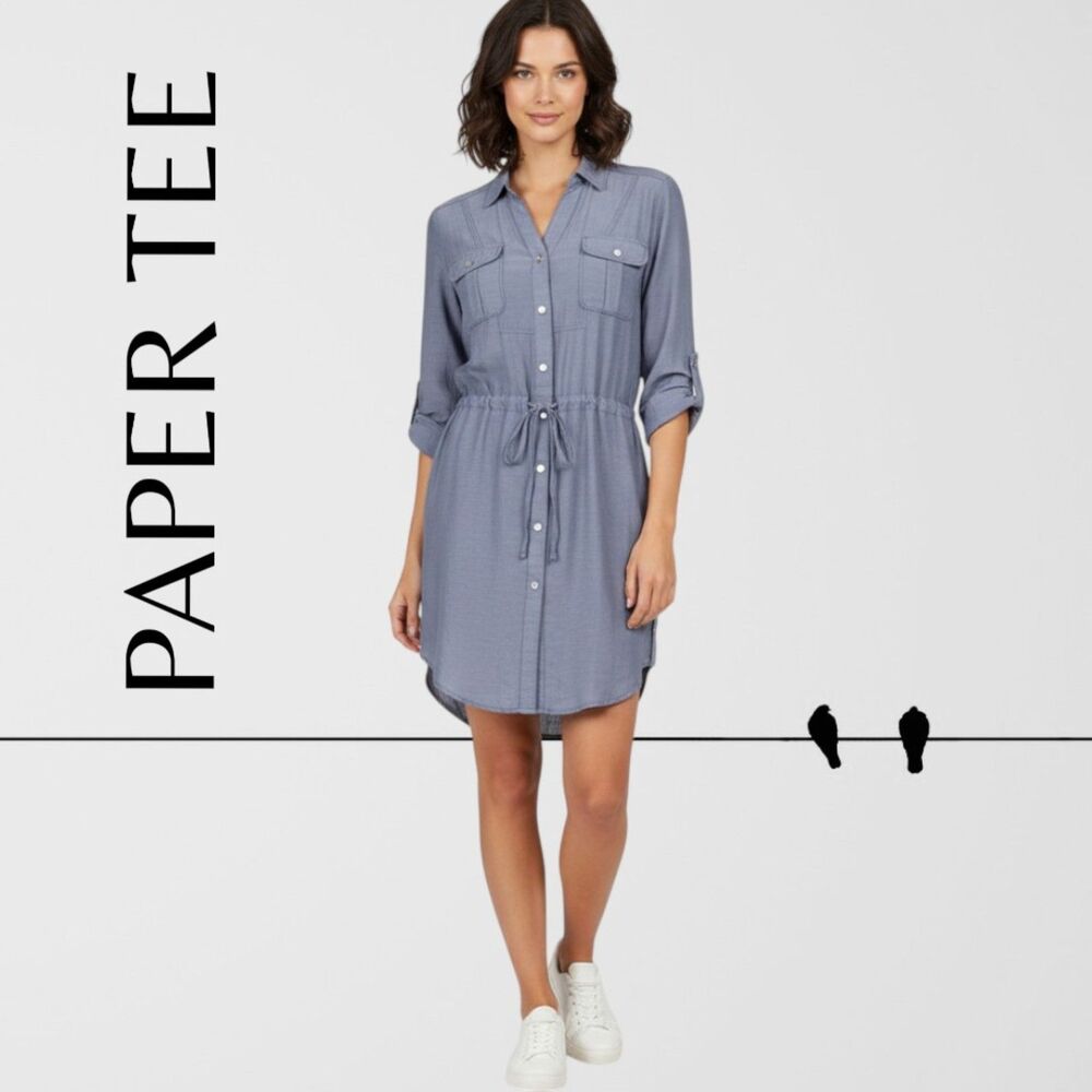 Paper Tee 100% Cotton Light Chambray Drawstring Waist Button TShirt Tunic Dress
